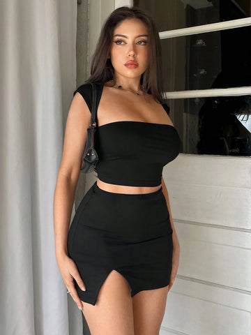 Black Cap-Sleeve Cropped Tight Top + Mini Side Slit Bodycon Skirt Simple & Elegant Ladies Two Piece Set