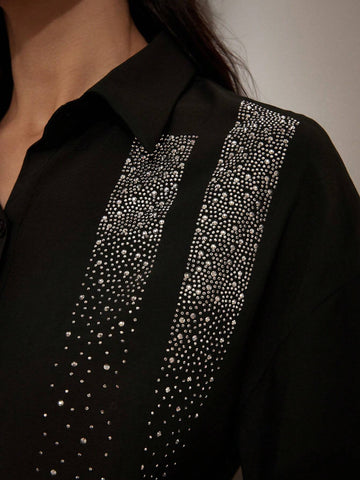 Privé Black Heavy Drill Medium-Length Slim-Fit Turn-Down Collar Simple Short Sleeve Shirt With Hot Drilling