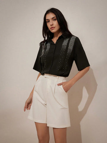 Privé Black Heavy Drill Medium-Length Slim-Fit Turn-Down Collar Simple Short Sleeve Shirt With Hot Drilling