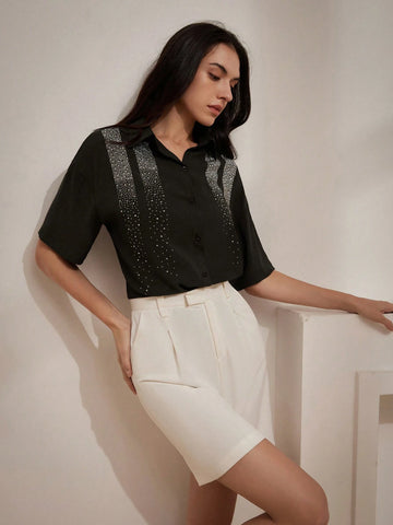 Privé Black Heavy Drill Medium-Length Slim-Fit Turn-Down Collar Simple Short Sleeve Shirt With Hot Drilling