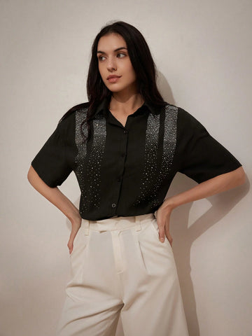 Privé Black Heavy Drill Medium-Length Slim-Fit Turn-Down Collar Simple Short Sleeve Shirt With Hot Drilling