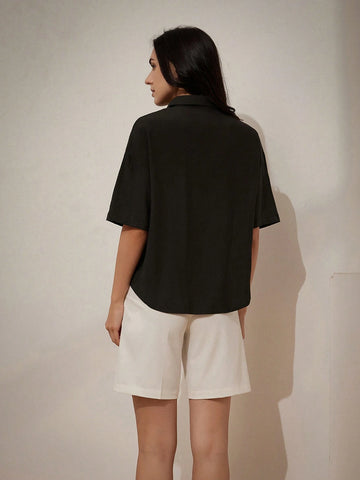 Privé Black Heavy Drill Medium-Length Slim-Fit Turn-Down Collar Simple Short Sleeve Shirt With Hot Drilling