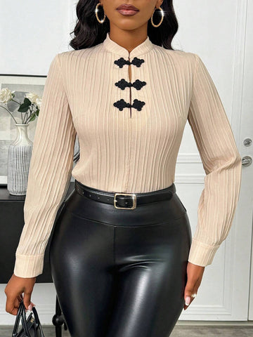 Privé Black Stand Collar Buttoned Textured Shell Print Casual Blouse For Women