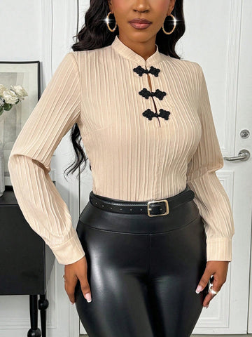 Privé Black Stand Collar Buttoned Textured Shell Print Casual Blouse For Women