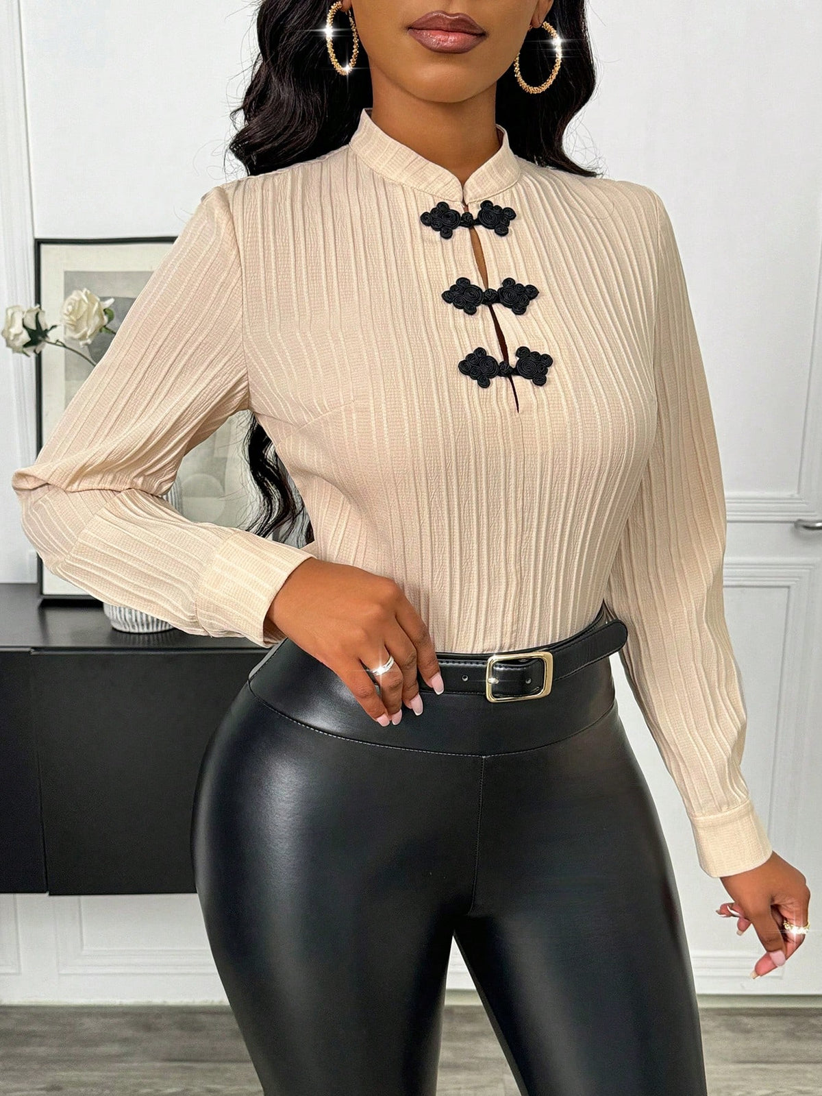 Privé Black Stand Collar Buttoned Textured Shell Print Casual Blouse For Women