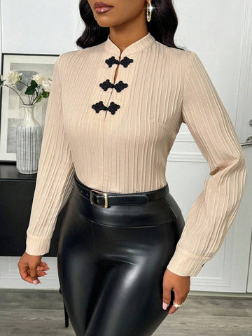 Privé Black Stand Collar Buttoned Textured Shell Print Casual Blouse For Women