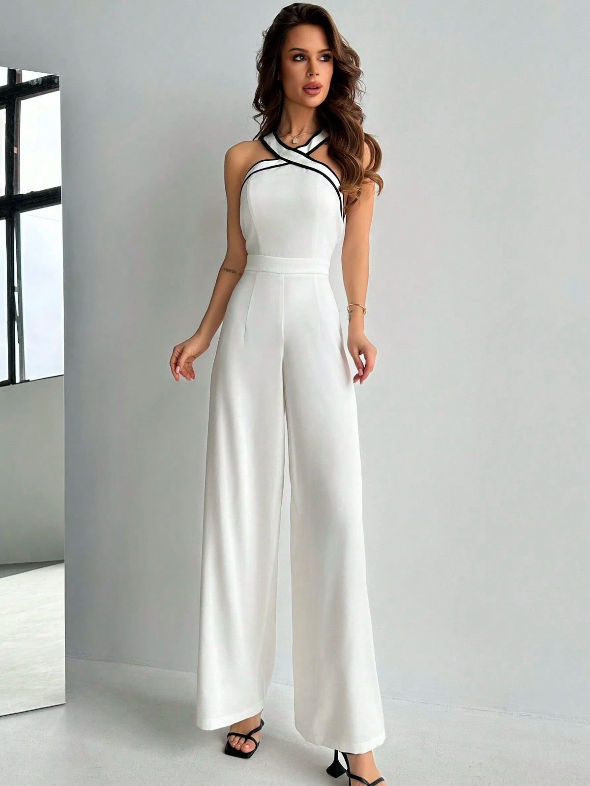 Black & White Color Block Halter Neck Jumpsuit For Work