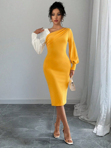 Blogger Same Style Colorblock Splice Pleated Tight-Fit Slit Long Sleeve Sexy Elegant Dress, Two-Way