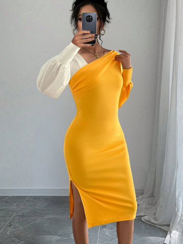 Blogger Same Style Colorblock Splice Pleated Tight-Fit Slit Long Sleeve Sexy Elegant Dress, Two-Way