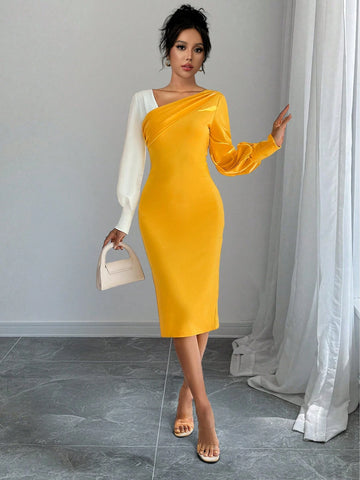 Blogger Same Style Colorblock Splice Pleated Tight-Fit Slit Long Sleeve Sexy Elegant Dress, Two-Way