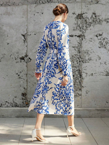 Blue And White Porcelain Pattern V-Neck Waist Tie Long Sleeve Dress With Random Prints