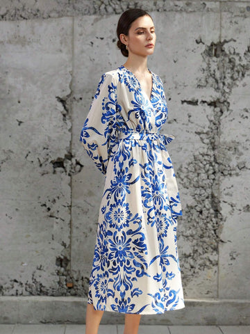 Blue And White Porcelain Pattern V-Neck Waist Tie Long Sleeve Dress With Random Prints