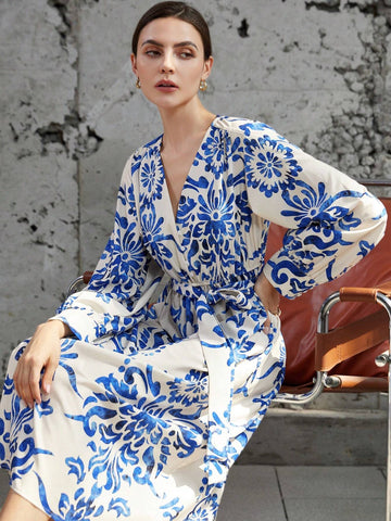 Blue And White Porcelain Pattern V-Neck Waist Tie Long Sleeve Dress With Random Prints