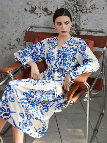 Blue And White Porcelain Pattern V-Neck Waist Tie Long Sleeve Dress With Random Prints