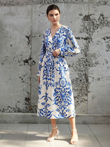 Blue And White Porcelain Pattern V-Neck Waist Tie Long Sleeve Dress With Random Prints