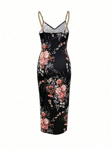 Bodycon Knitted Dress With Metal Chain Shoulder Straps, High Slit And Printed Design