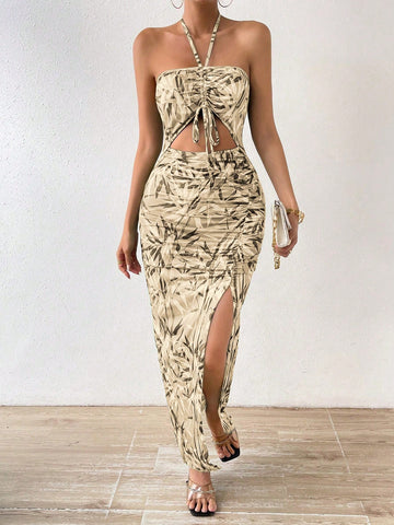 Botanic Print Strapless Dress With Hollow Out, Ruched, Side Slit, And Drawstring Design