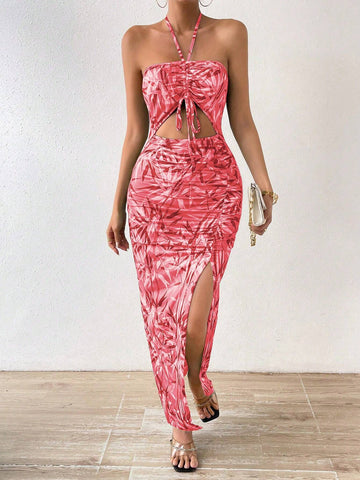 Botanical Print Drawstring Cutout Pleated High Slit Tube Top Dress