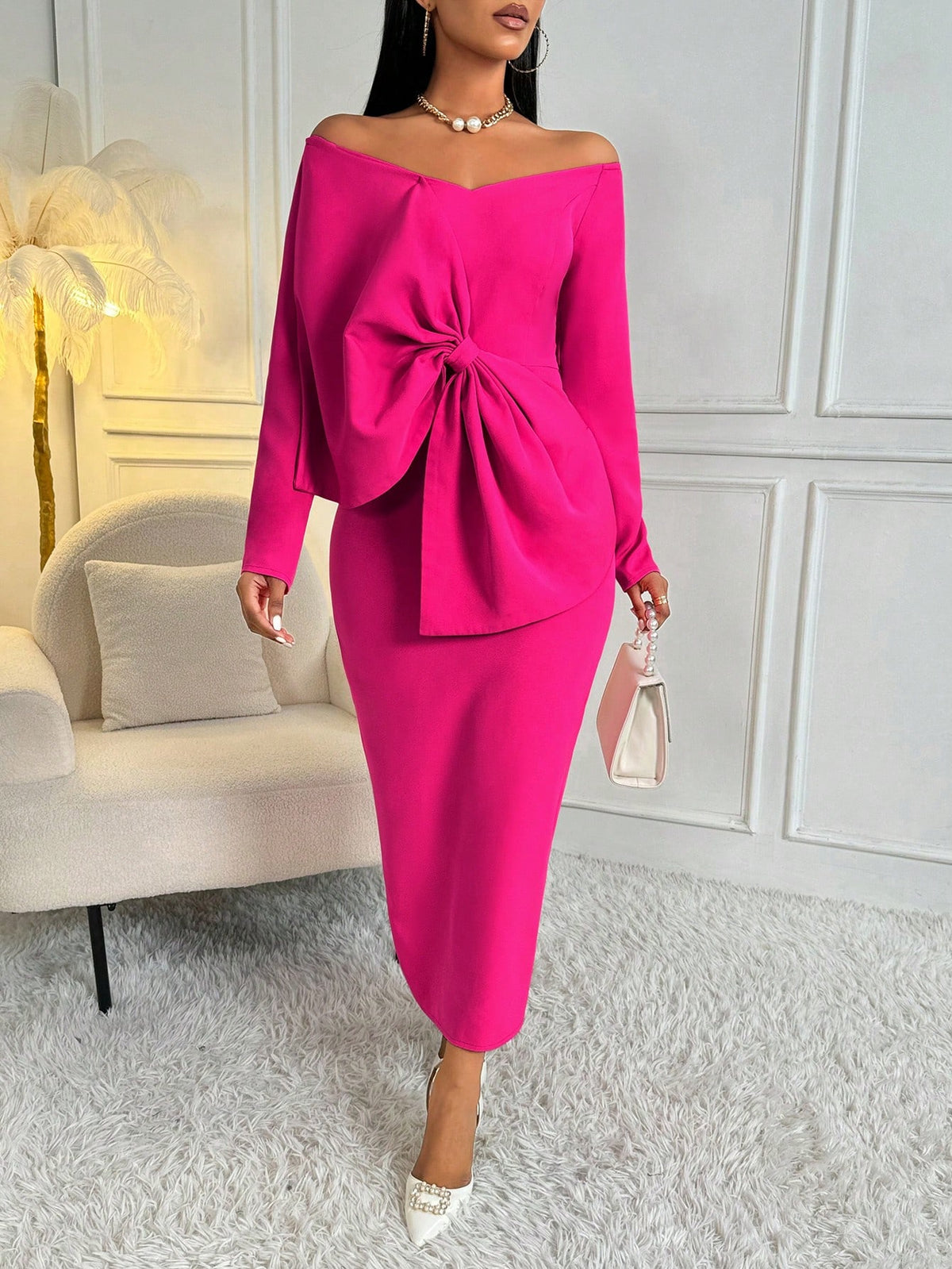Bowknot Decorated Off-Shoulder Long Sleeve Dress