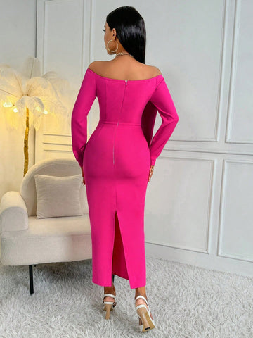Bowknot Decorated Off-Shoulder Long Sleeve Dress