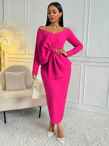 Bowknot Decorated Off-Shoulder Long Sleeve Dress