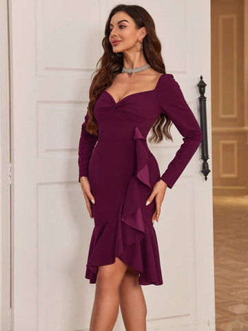 Bridesmaid Dress With Ruffle Edges And Twist Knot Detailing On The Bodice