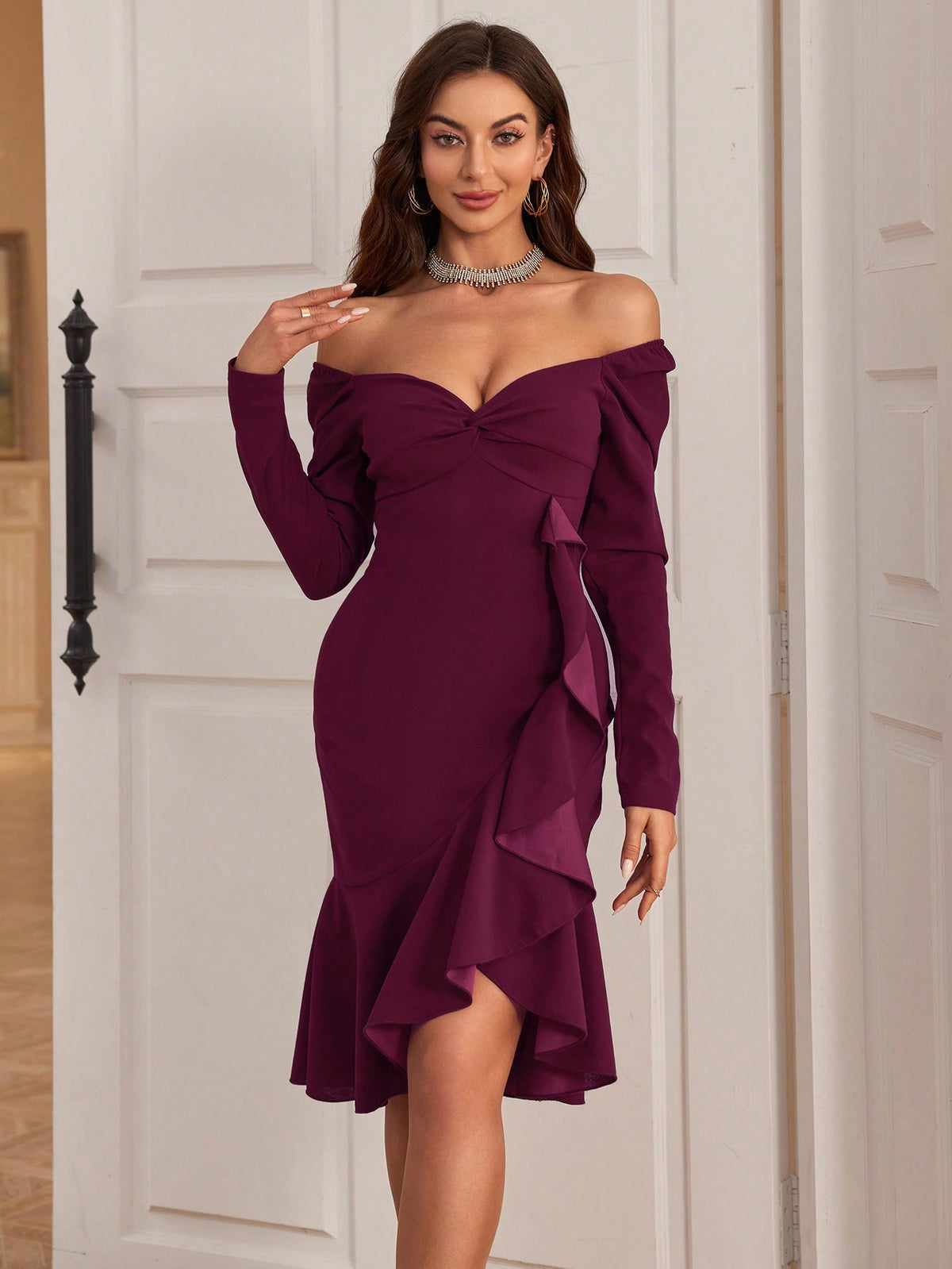 Bridesmaid Dress With Ruffle Edges And Twist Knot Detailing On The Bodice