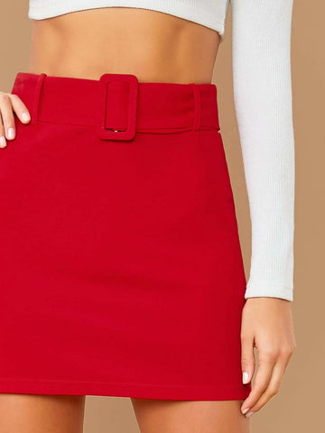 Privé Buckle Belted Solid Skirt