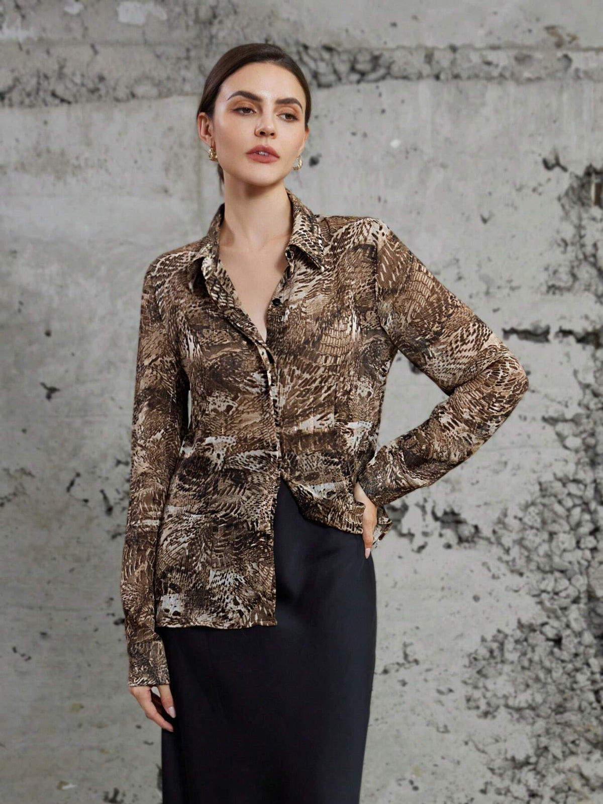 Privé Business Casual Lapel Charming Random Leopard Print Long Sleeve Shirt