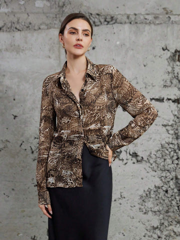 Privé Business Casual Lapel Charming Random Leopard Print Long Sleeve Shirt