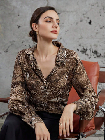 Privé Business Casual Lapel Charming Random Leopard Print Long Sleeve Shirt