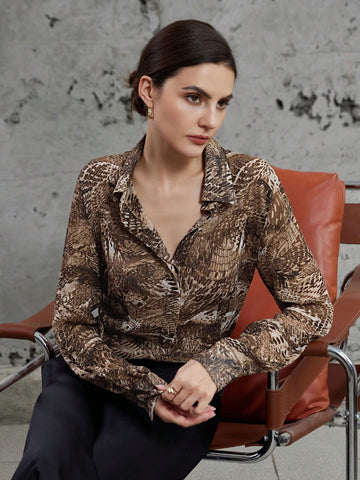 Privé Business Casual Lapel Charming Random Leopard Print Long Sleeve Shirt