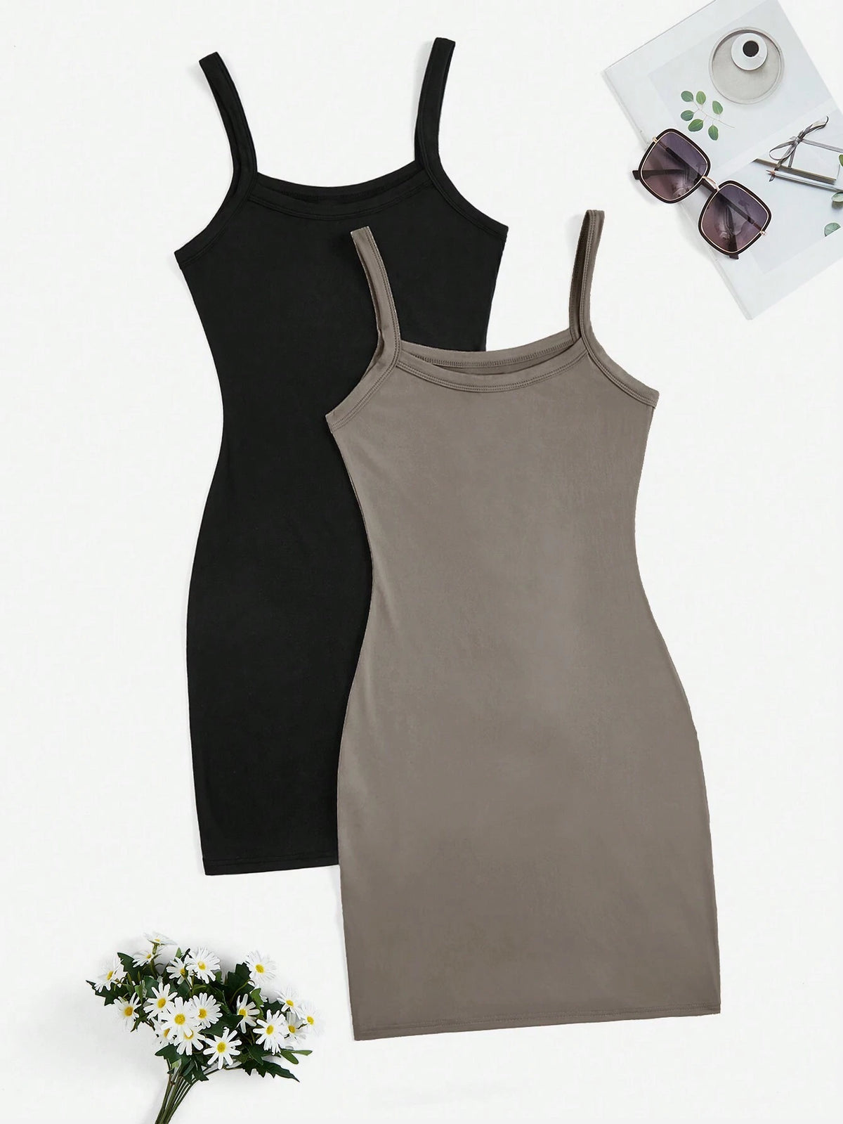 Buy 1 Get 1 Free 2pcs/Set Women Solid Color Casual Bodycon Spaghetti Strap Off Shoulder Sundress