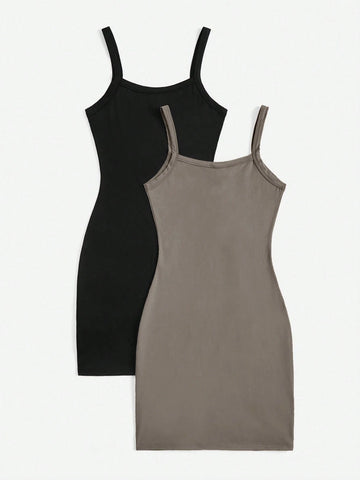 Buy 1 Get 1 Free 2pcs/Set Women Solid Color Casual Bodycon Spaghetti Strap Off Shoulder Sundress