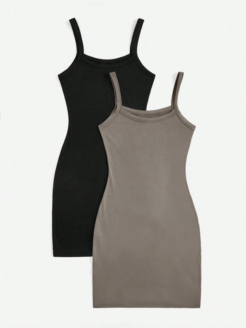 Buy 1 Get 1 Free 2pcs/Set Women Solid Color Casual Bodycon Spaghetti Strap Off Shoulder Sundress