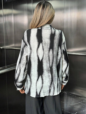 Privé Casual All-Over Print Drop Shoulder Long Sleeve Shirt, Autumn