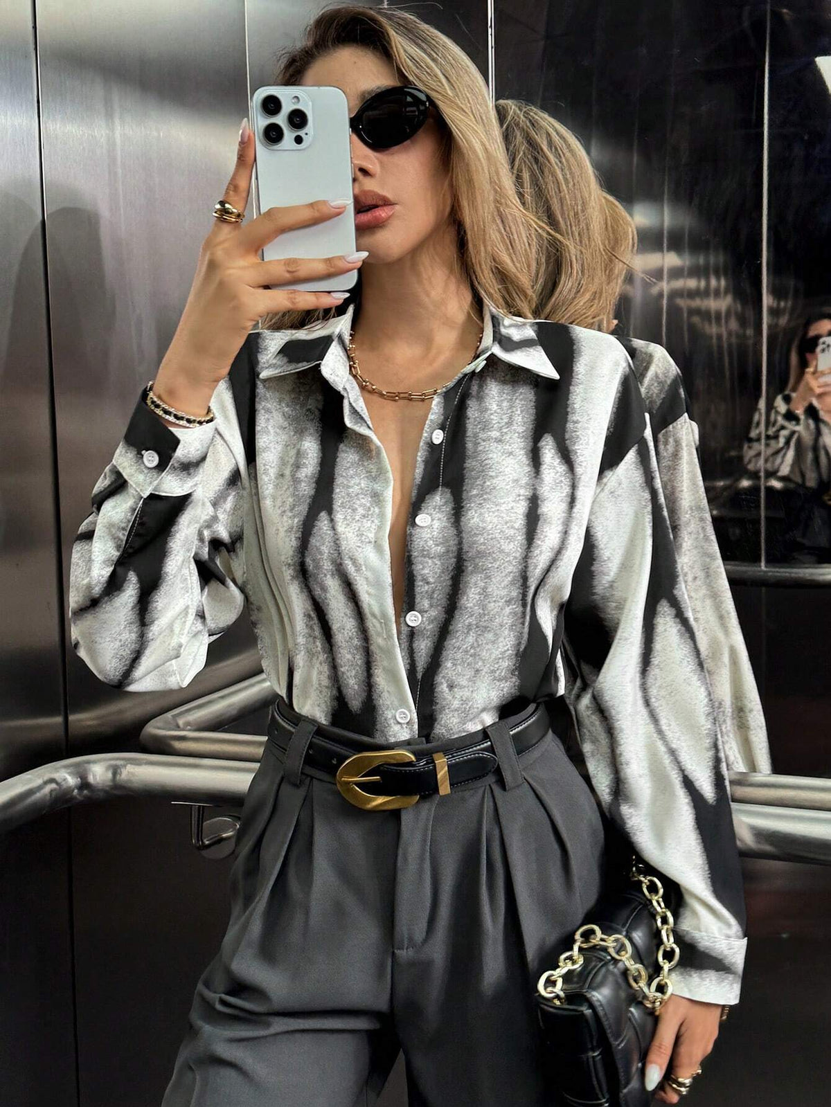 Privé Casual All-Over Print Drop Shoulder Long Sleeve Shirt, Autumn