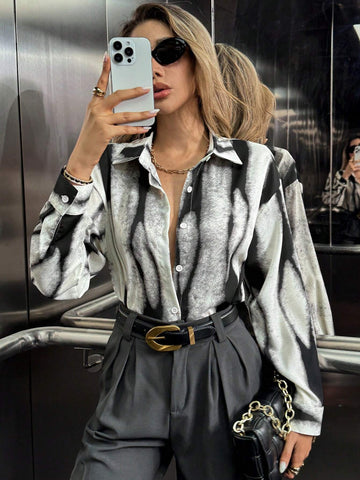 Privé Casual All-Over Print Drop Shoulder Long Sleeve Shirt, Autumn