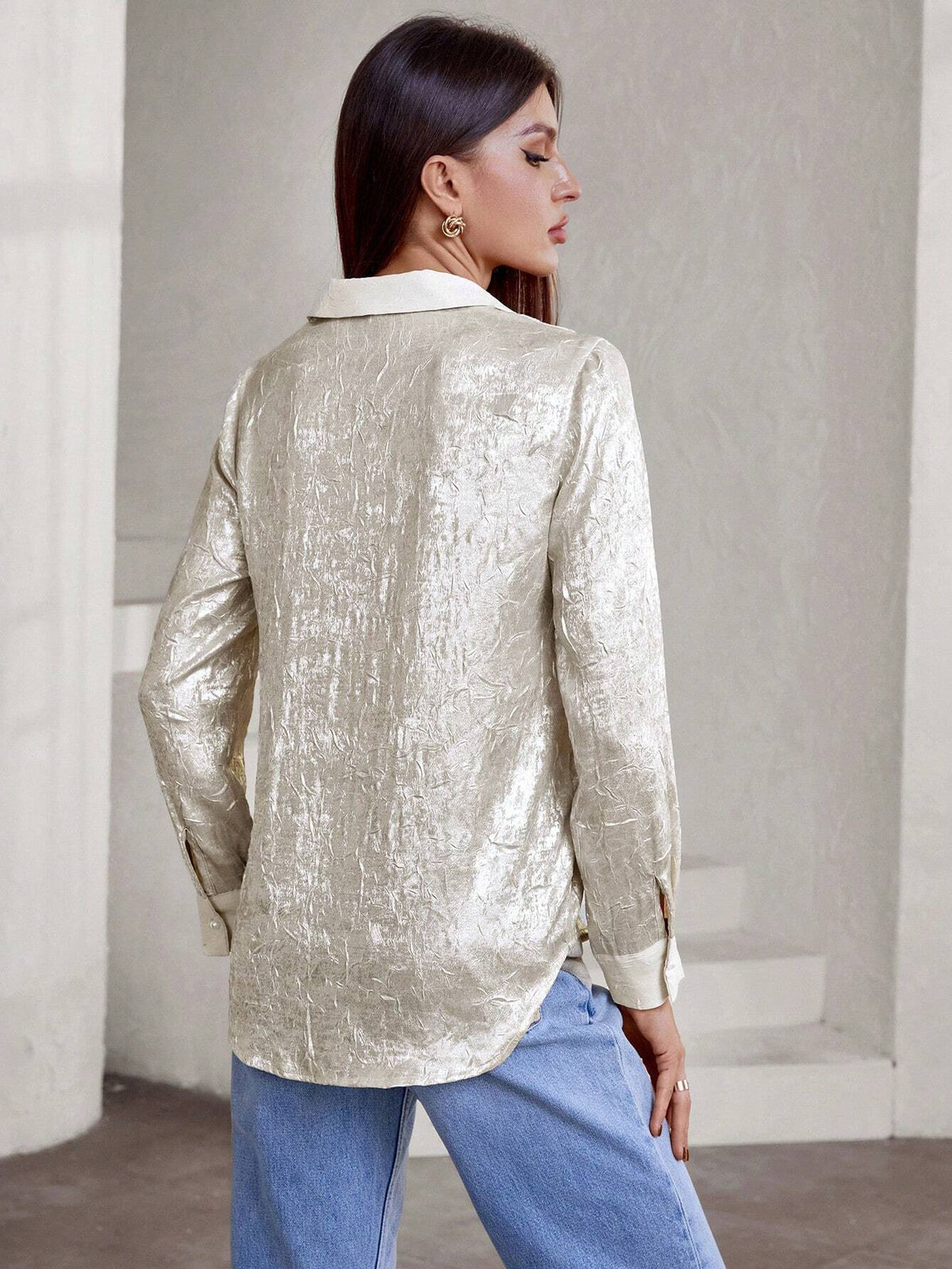 Privé Casual Fashion V-Neck Panel Splicing Metallic Textured Fabric Long Sleeve Shirt