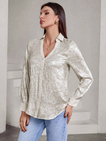 Privé Casual Fashion V-Neck Panel Splicing Metallic Textured Fabric Long Sleeve Shirt