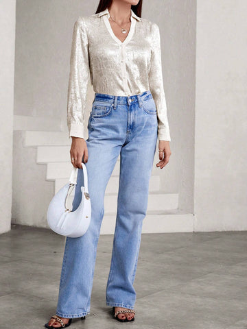 Privé Casual Fashion V-Neck Panel Splicing Metallic Textured Fabric Long Sleeve Shirt