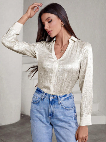 Privé Casual Fashion V-Neck Panel Splicing Metallic Textured Fabric Long Sleeve Shirt
