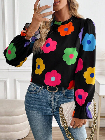 Privé Casual Floral Print Ruffle Collar Blouse, Spring & Autumn