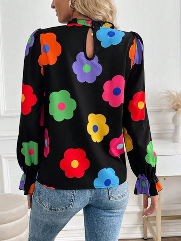 Privé Casual Floral Print Ruffle Collar Blouse, Spring & Autumn