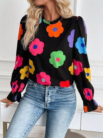 Privé Casual Floral Print Ruffle Collar Blouse, Spring & Autumn