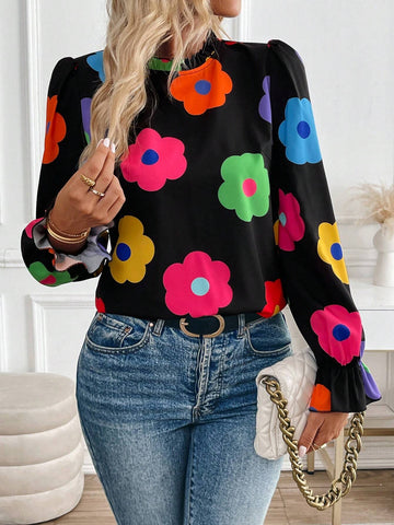 Privé Casual Floral Print Ruffle Collar Blouse, Spring & Autumn