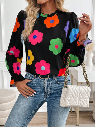 Privé Casual Floral Print Ruffle Collar Blouse, Spring & Autumn