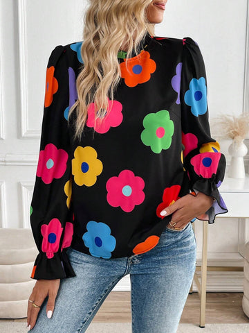 Privé Casual Floral Print Ruffle Collar Blouse, Spring & Autumn