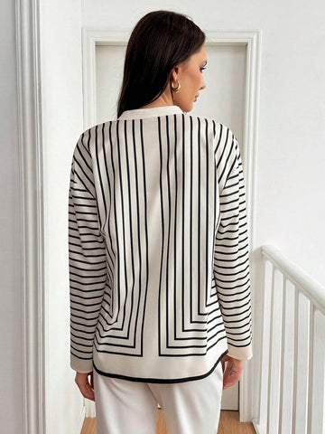 Privé Casual Geometric Striped Long Sleeve Shirt, Spring And Autumn