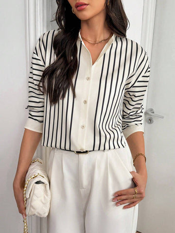 Privé Casual Geometric Striped Long Sleeve Shirt, Spring And Autumn